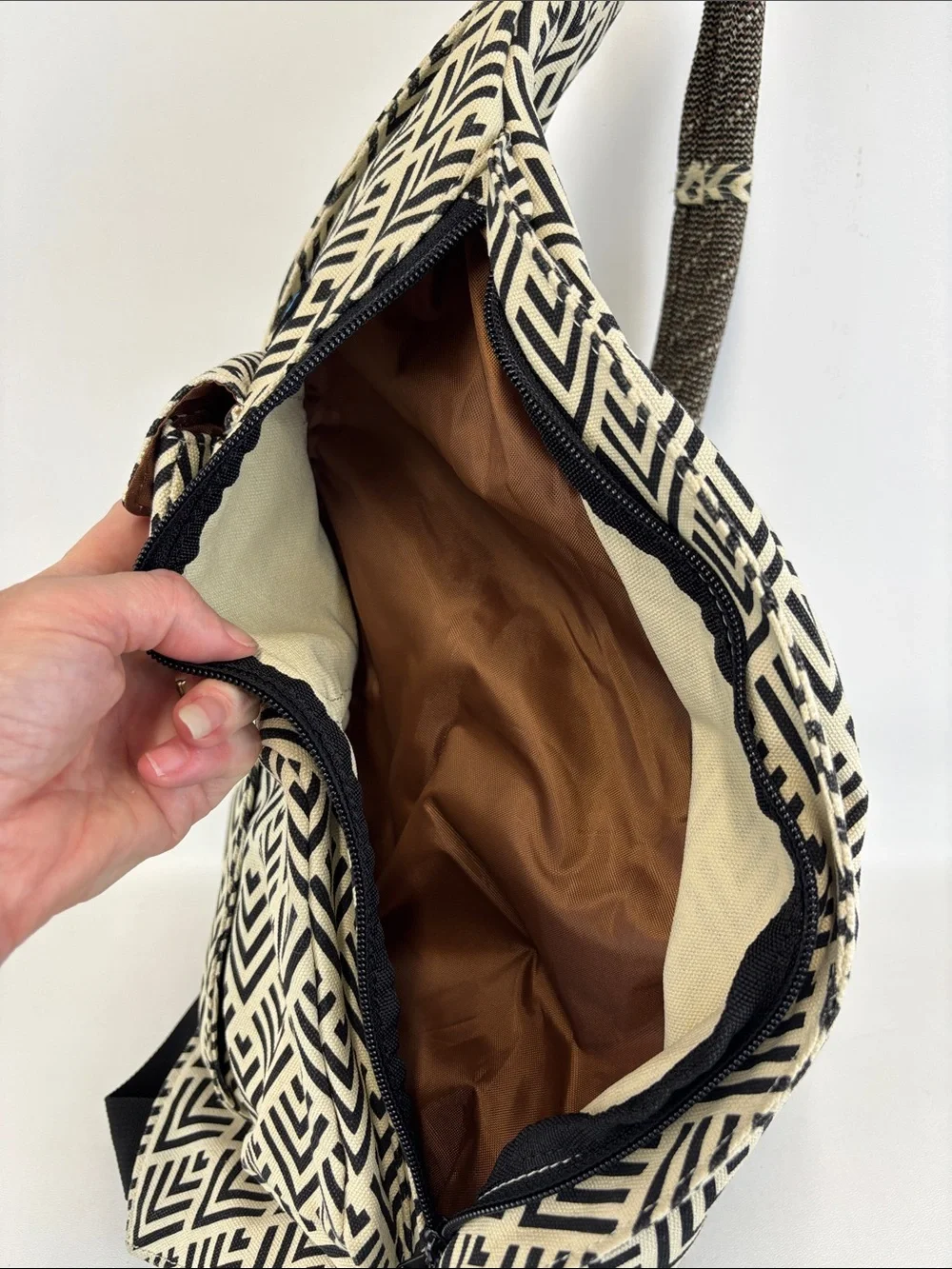 KAVU Rope Sling Bag Black and Cream Canvas